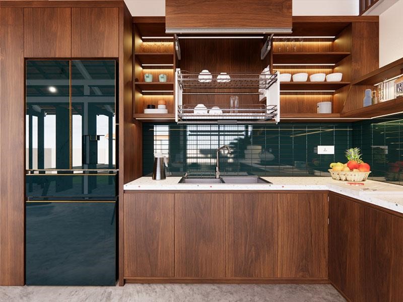 Thiết kế phòng bếp không gian mở với nội thất gỗ tự nhiên